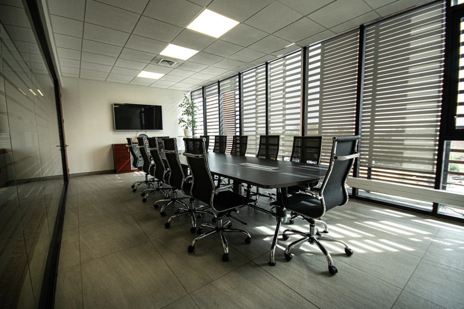 Sala Laguna: mesa de directorio para 12 personas con TV y ventanales